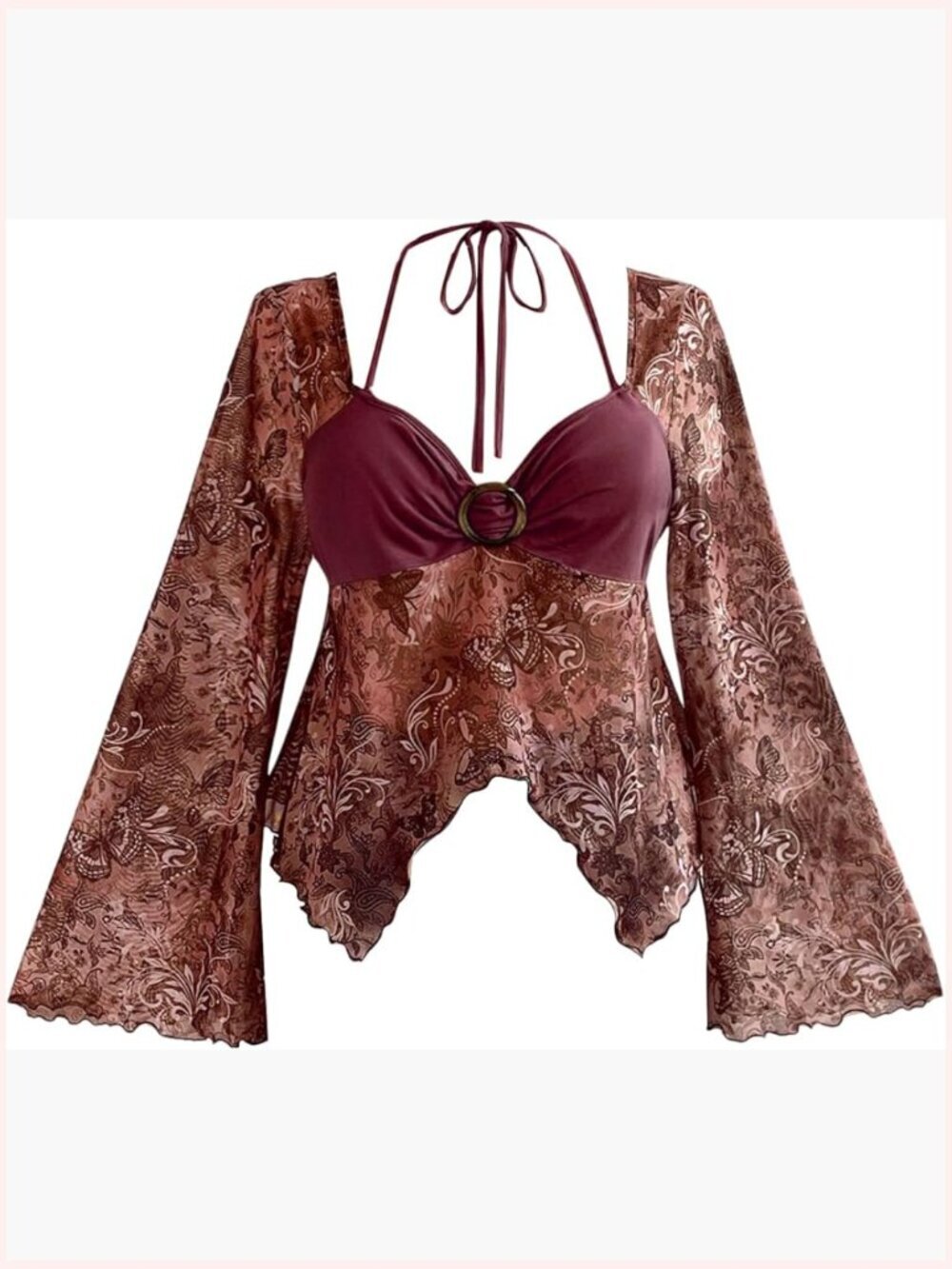 Women's Plus Bell Sleeve Halter Top Asymmetrical Hem Boho Hippie Festival Blouse